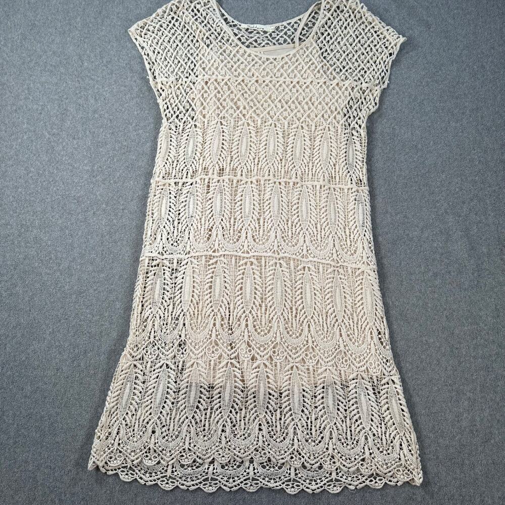 Solitaire Boho Crochet Cap Sleeve Dress Women's Small Beige Slip Beachy Sheer